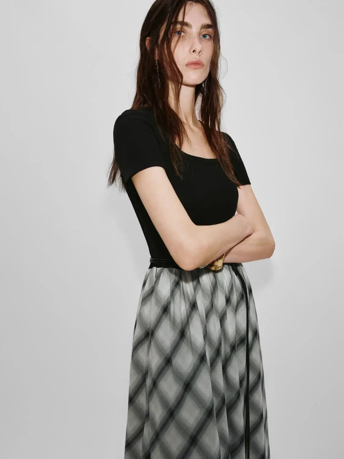 12496-cotton-check-a-line-midi-dress-with-scoop-neck-belt-dresses-2.webp Cotton Check A-Line Midi Dress With Scoop Neck Belt Dresses
