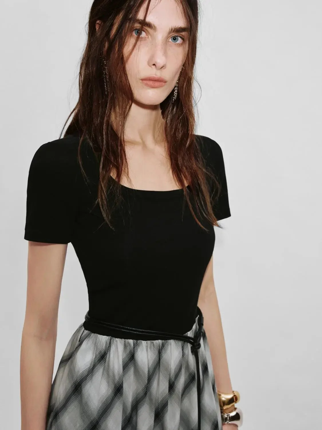 12496-cotton-check-a-line-midi-dress-with-scoop-neck-belt-dresses-3.webp Cotton Check A-Line Midi Dress With Scoop Neck Belt Dresses