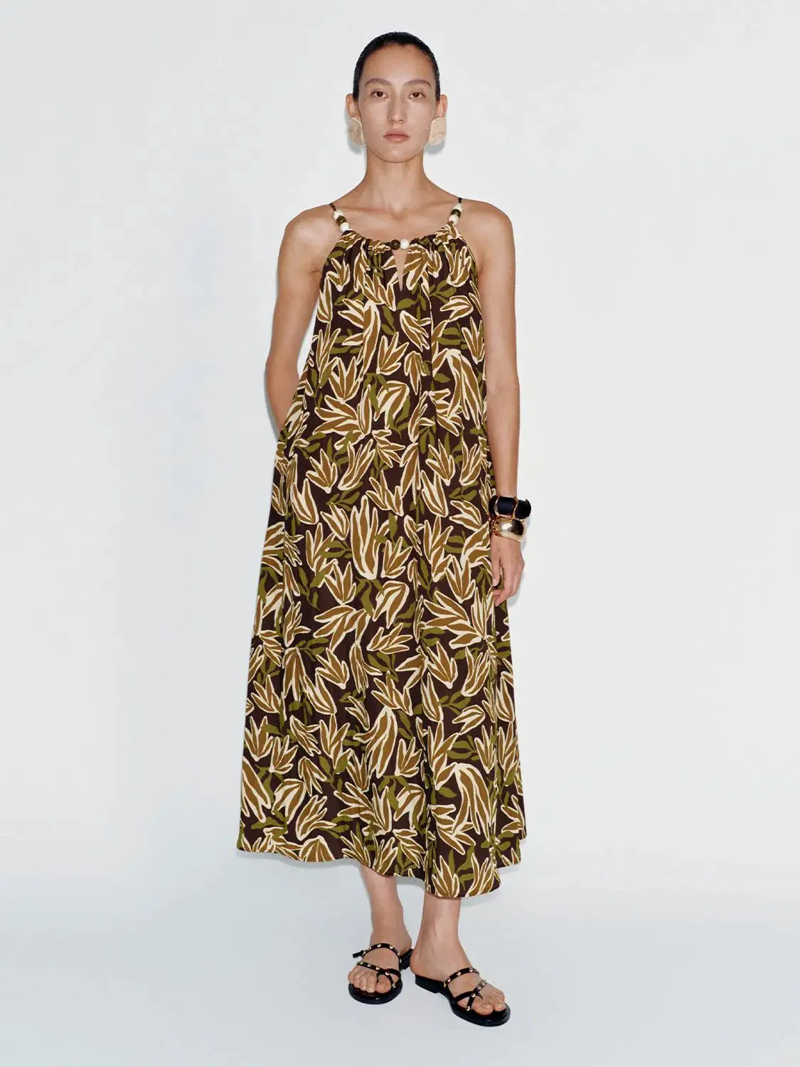 Leaf Print Beaded Strappy A Line Midi Dress