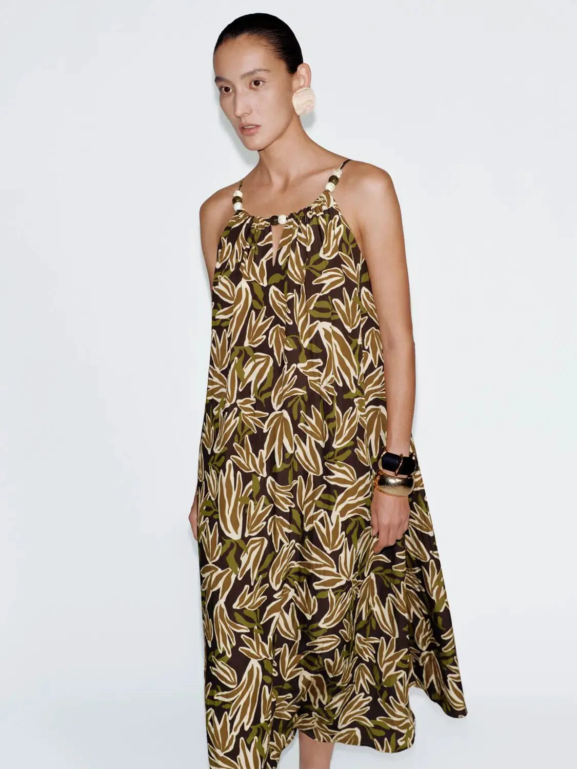 Leaf Print Beaded Strappy A Line Midi Dress