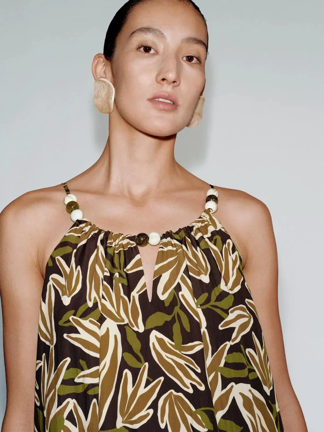 Leaf Print Beaded Strappy A Line Midi Dress