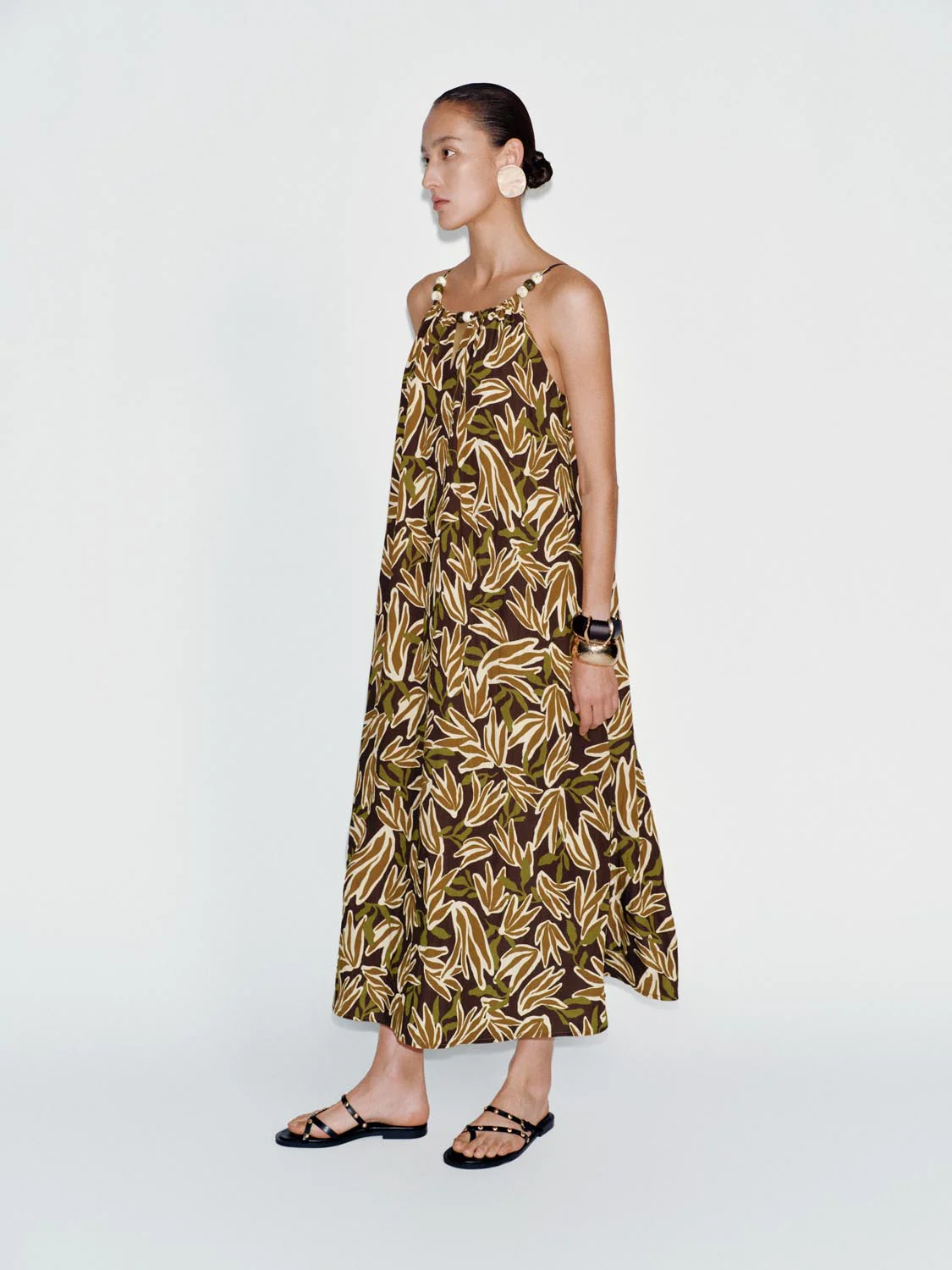 Leaf Print Beaded Strappy A Line Midi Dress