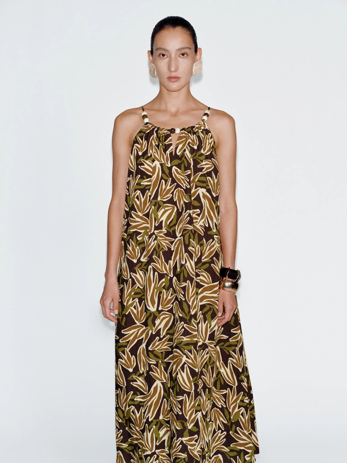 Leaf Print Beaded Strappy A Line Midi Dress