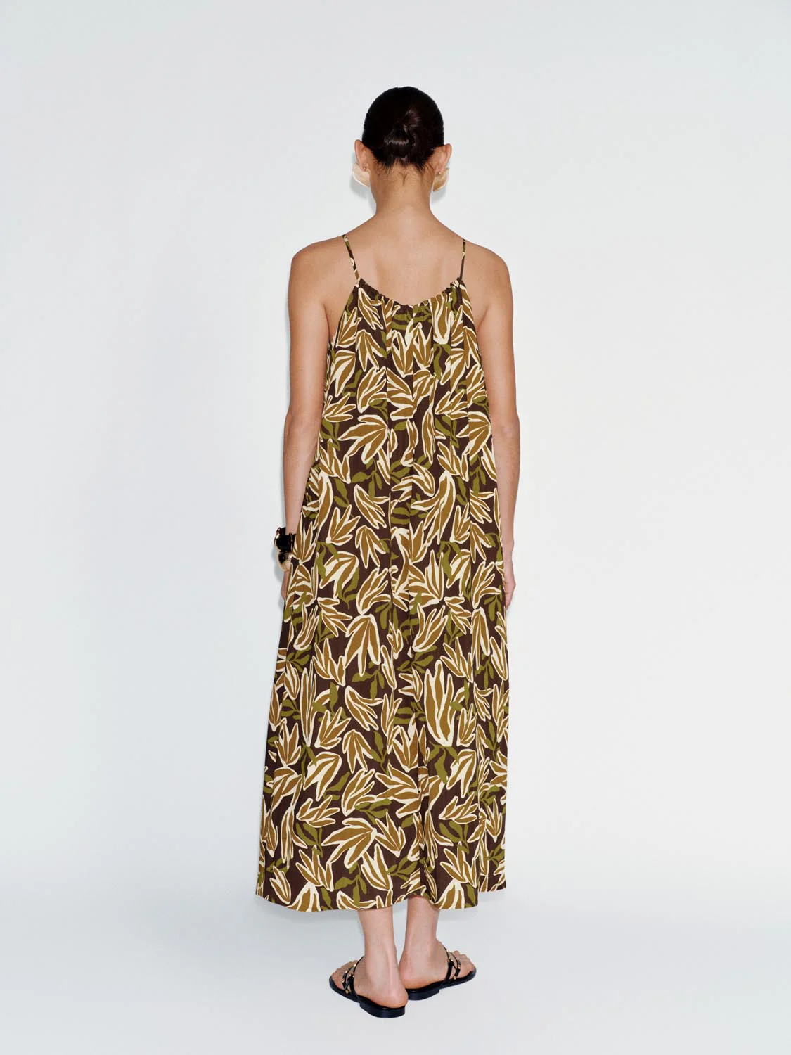 Leaf Print Beaded Strappy A Line Midi Dress