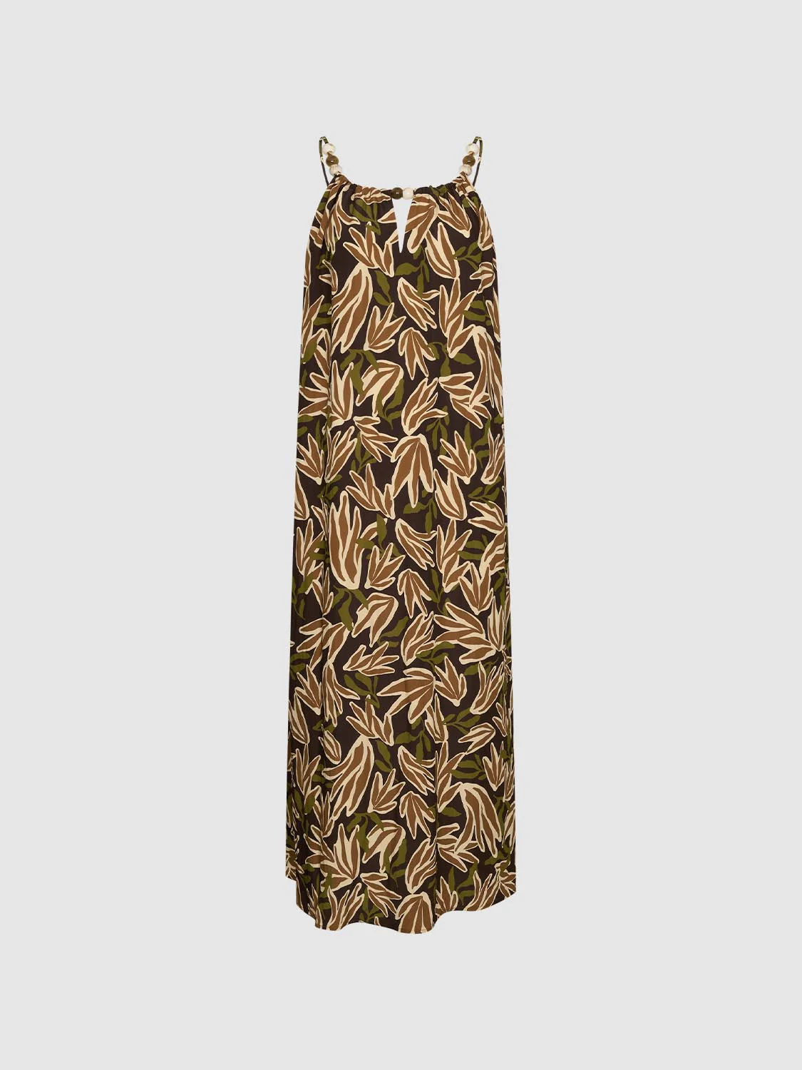 Leaf Print Beaded Strappy A Line Midi Dress