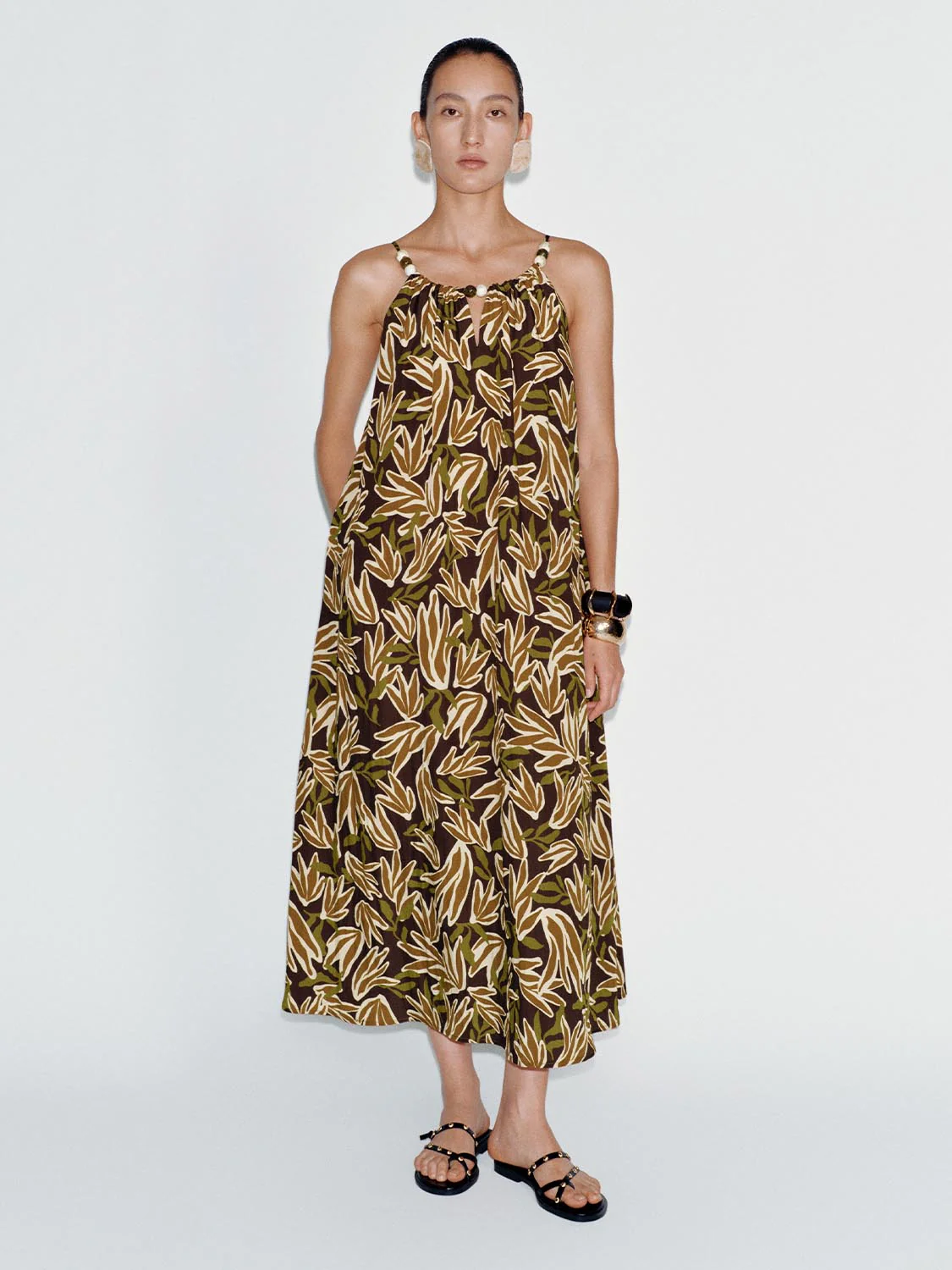 Leaf Print Beaded Strappy A Line Midi Dress