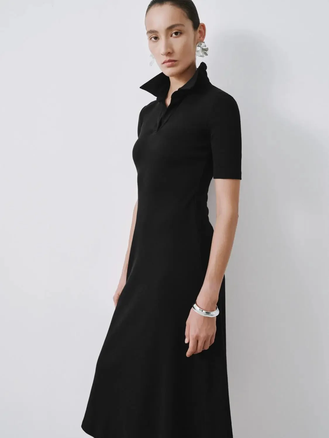 Collared Short Sleeve A Line Midi Soft Knit Elegant Dress