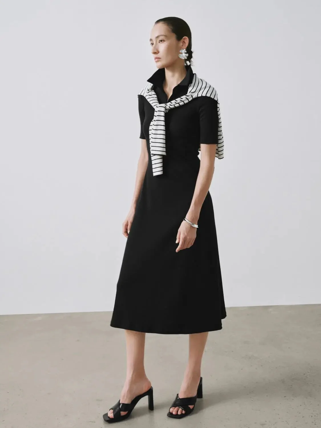 Collared Short Sleeve A Line Midi Soft Knit Elegant Dress