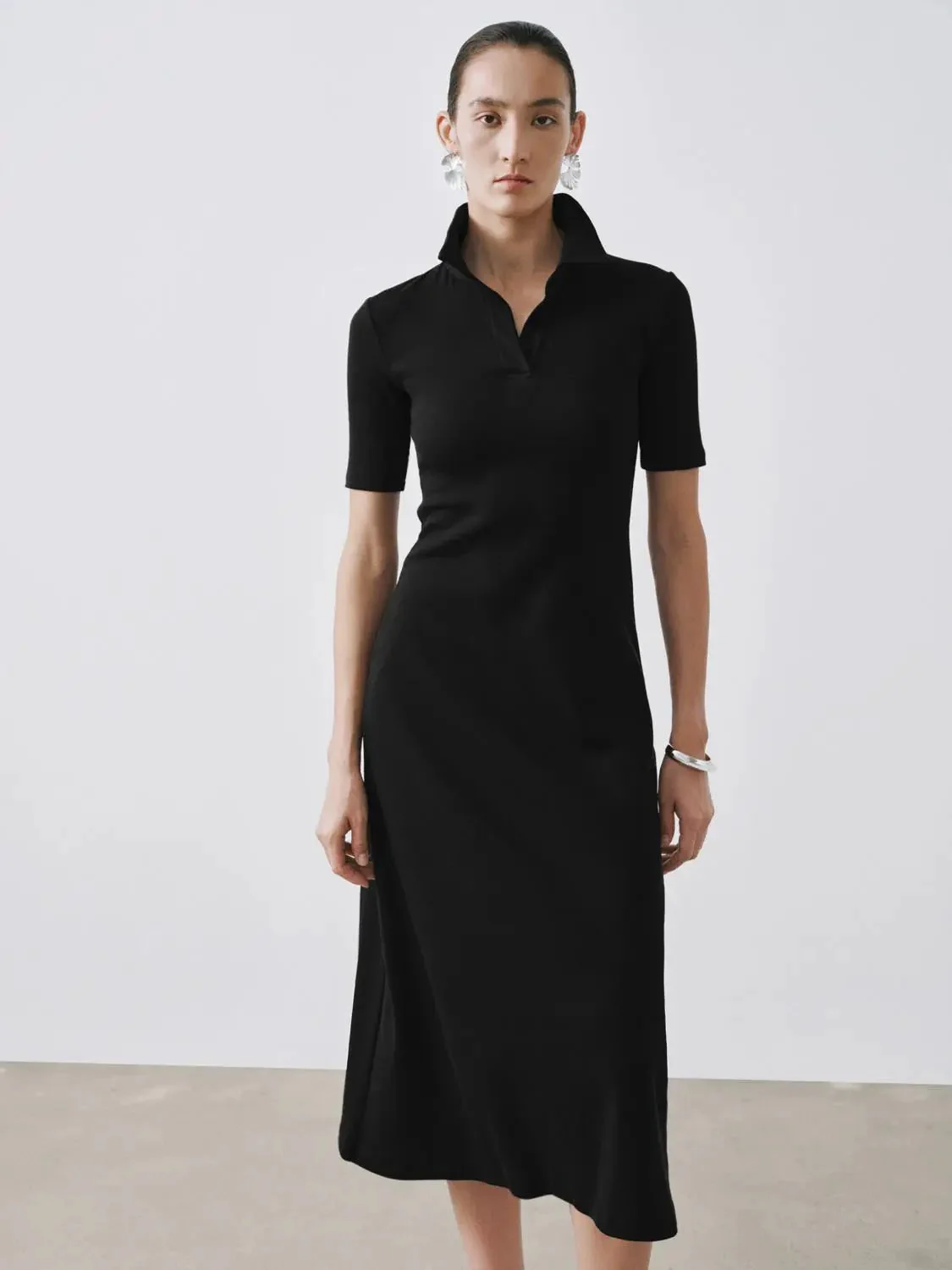 Collared Short Sleeve A Line Midi Soft Knit Elegant Dress