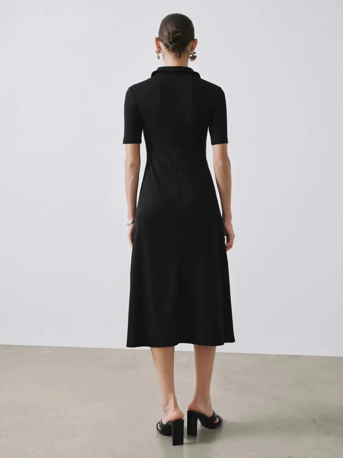 Collared Short Sleeve A Line Midi Soft Knit Elegant Dress