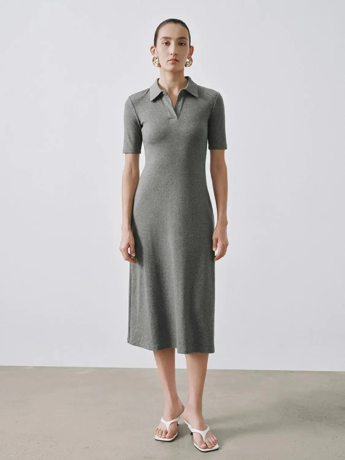 Collared Short Sleeve A Line Midi Soft Knit Elegant Dress