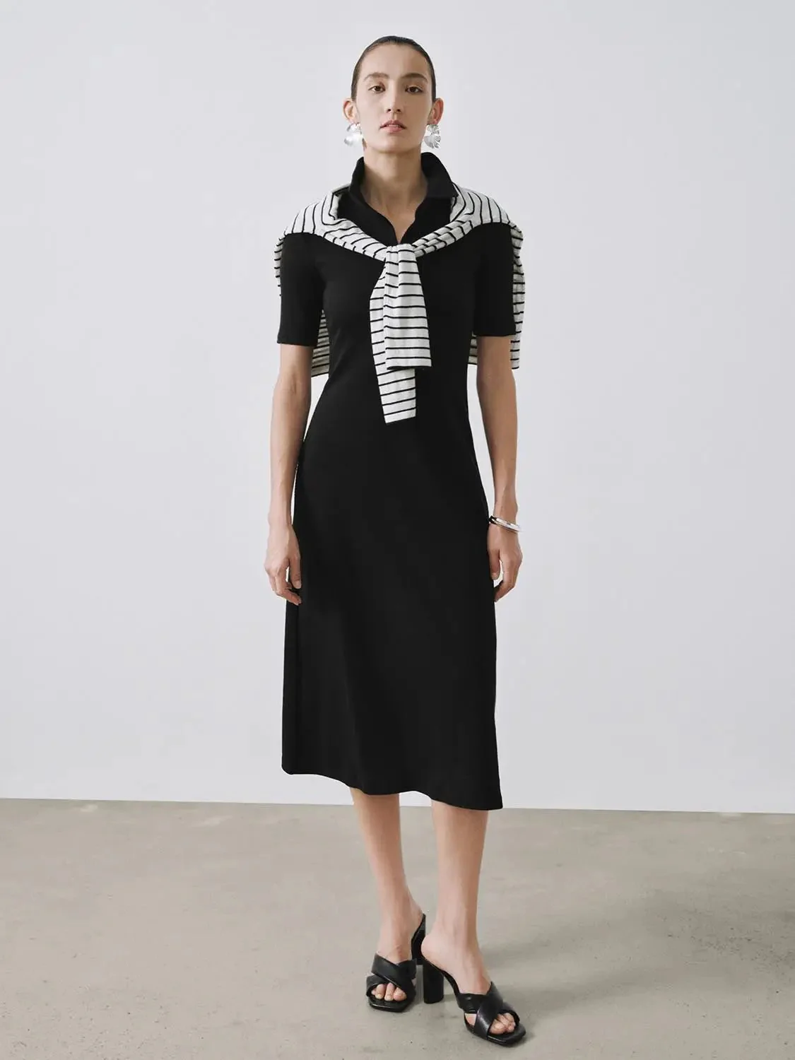 Collared Short Sleeve A Line Midi Soft Knit Elegant Dress