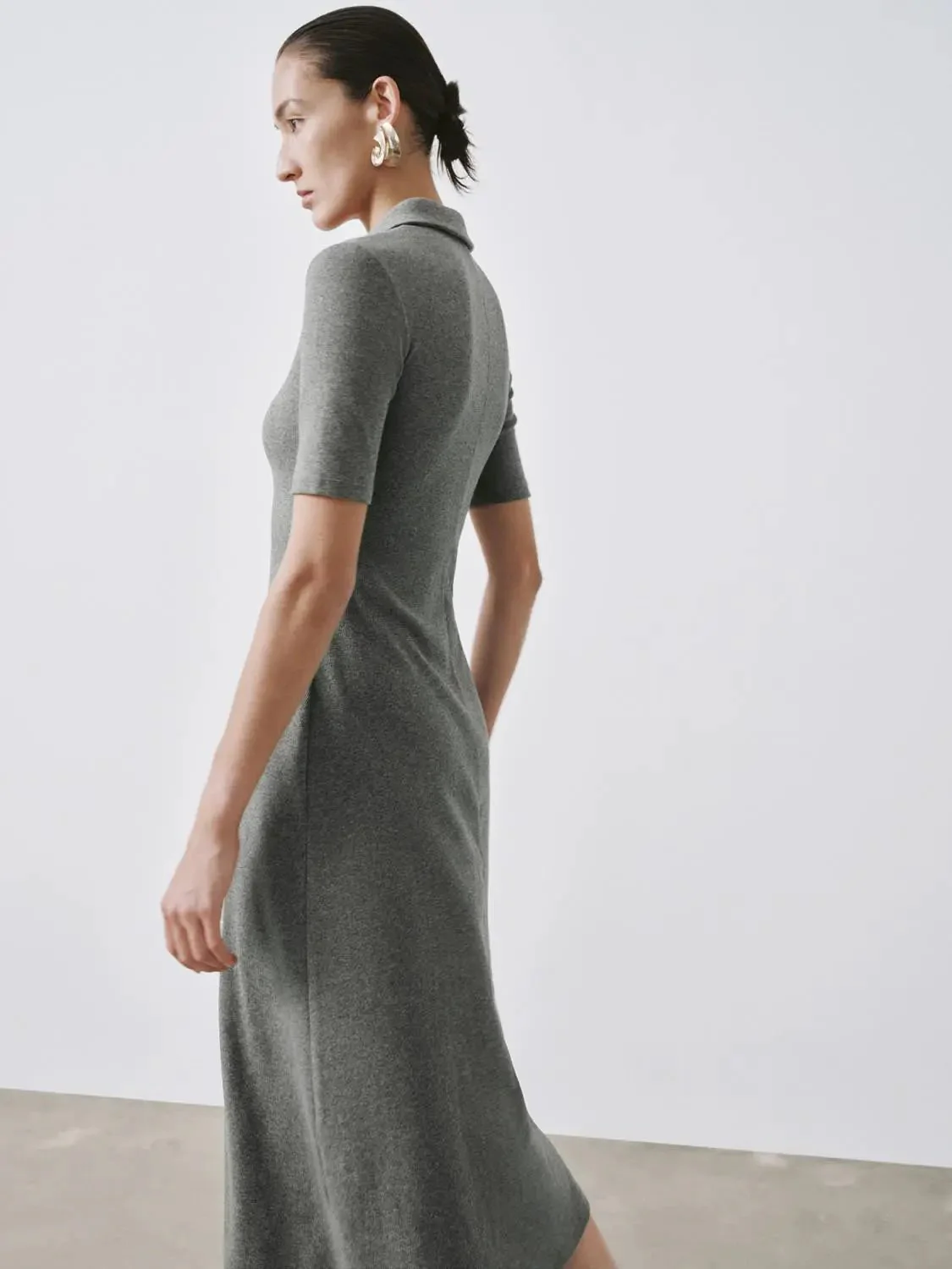 Collared Short Sleeve A Line Midi Soft Knit Elegant Dress