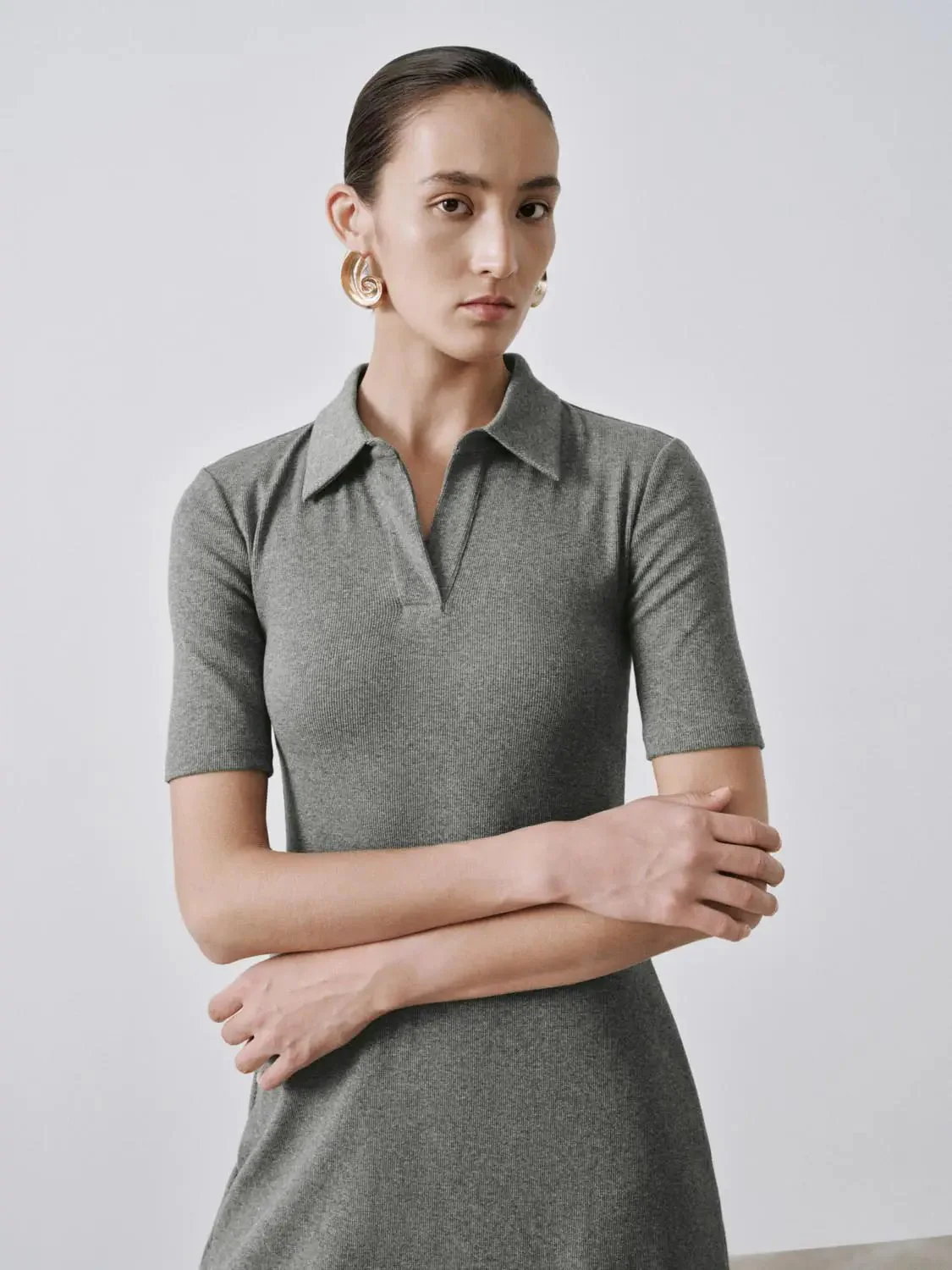 Collared Short Sleeve A Line Midi Soft Knit Elegant Dress