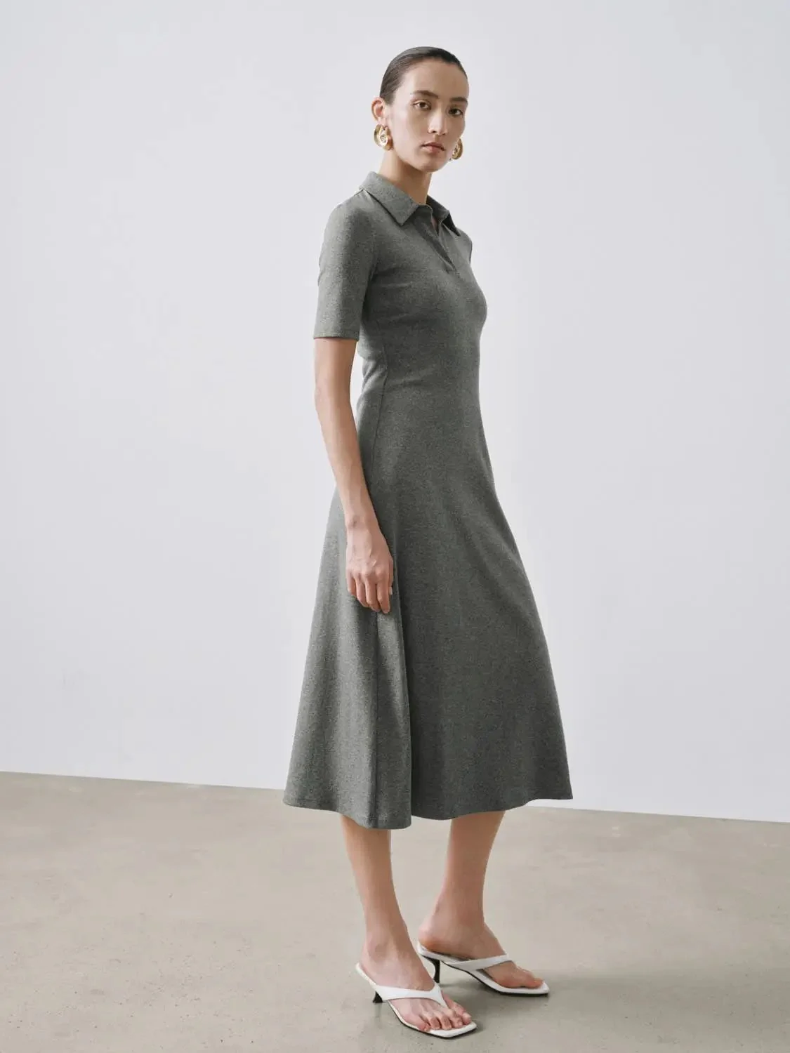 Collared Short Sleeve A Line Midi Soft Knit Elegant Dress