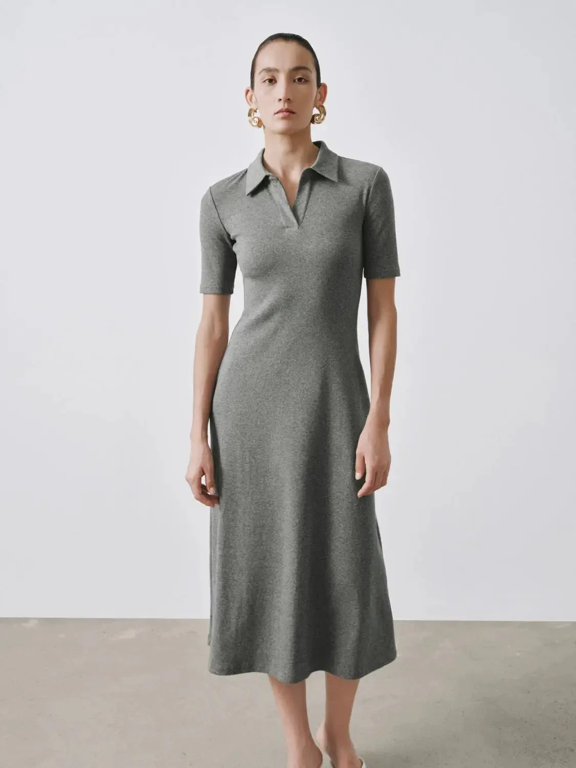 Collared Short Sleeve A Line Midi Soft Knit Elegant Dress