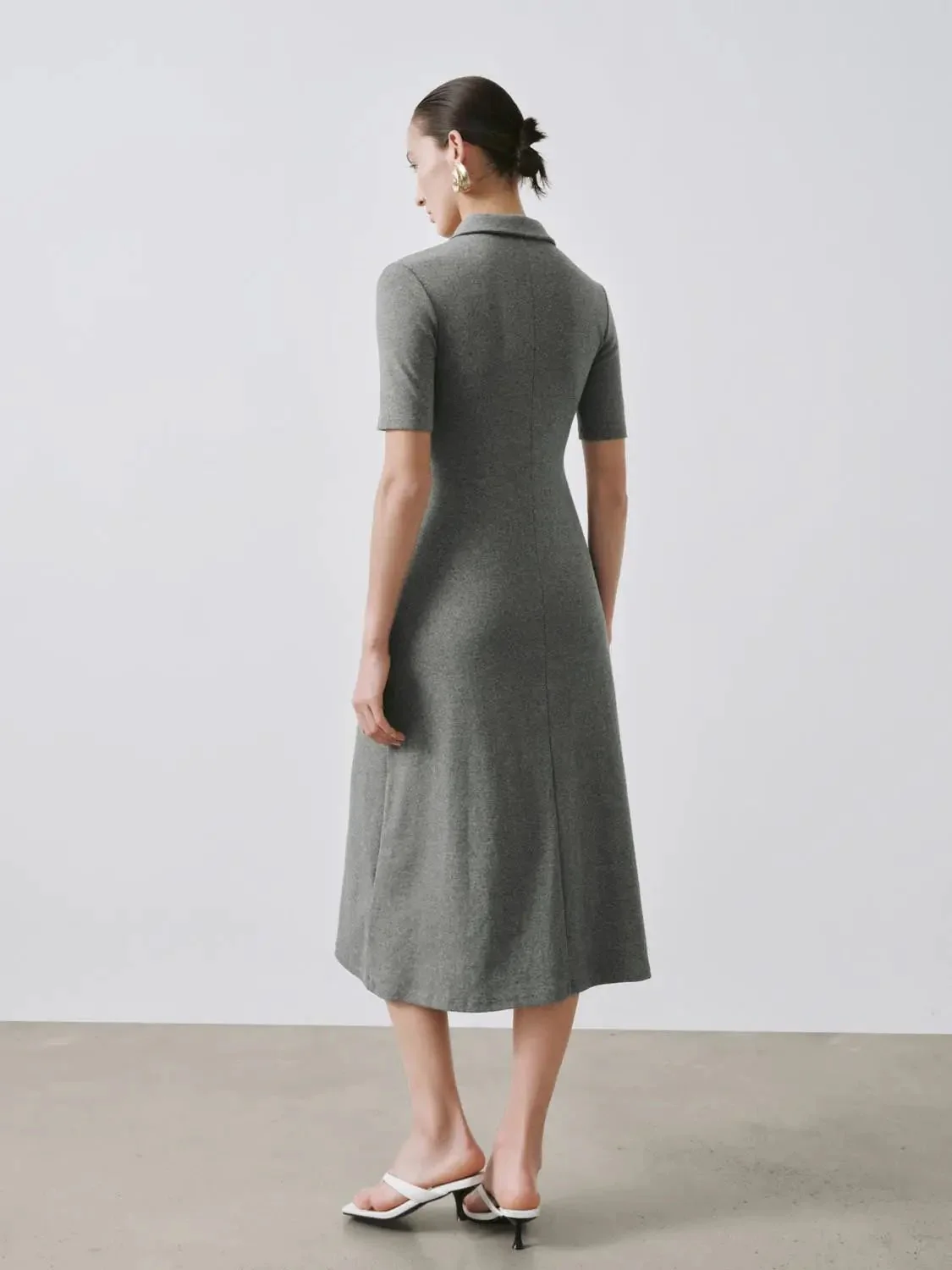 Collared Short Sleeve A Line Midi Soft Knit Elegant Dress