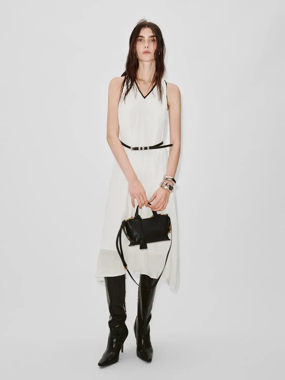 Lyocell Contrast Trim Strappy A Line Midi Dresses
