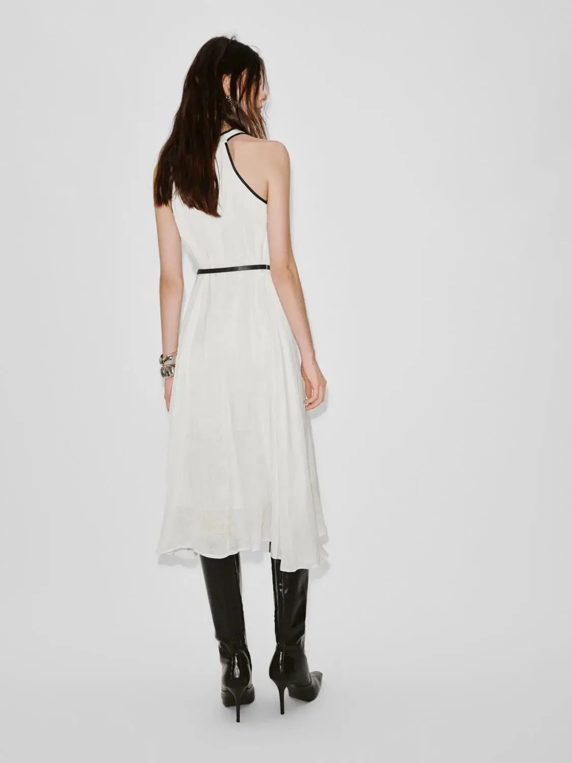 Lyocell Contrast Trim Strappy A Line Midi Dresses
