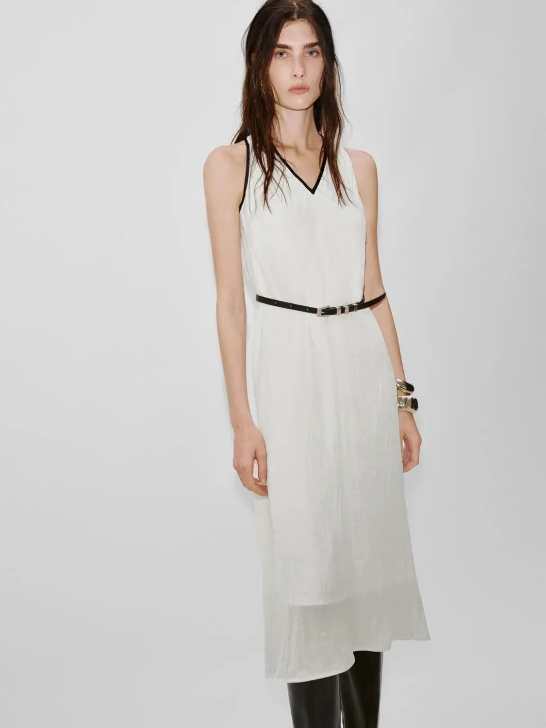 Lyocell Contrast Trim Strappy A Line Midi Dresses