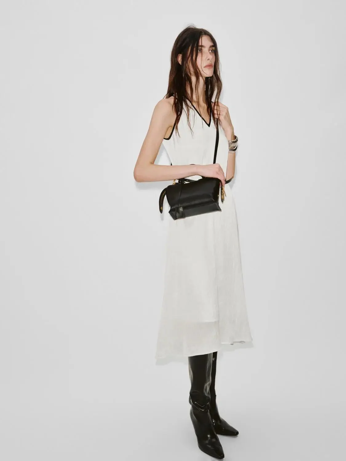 Lyocell Contrast Trim Strappy A Line Midi Dresses