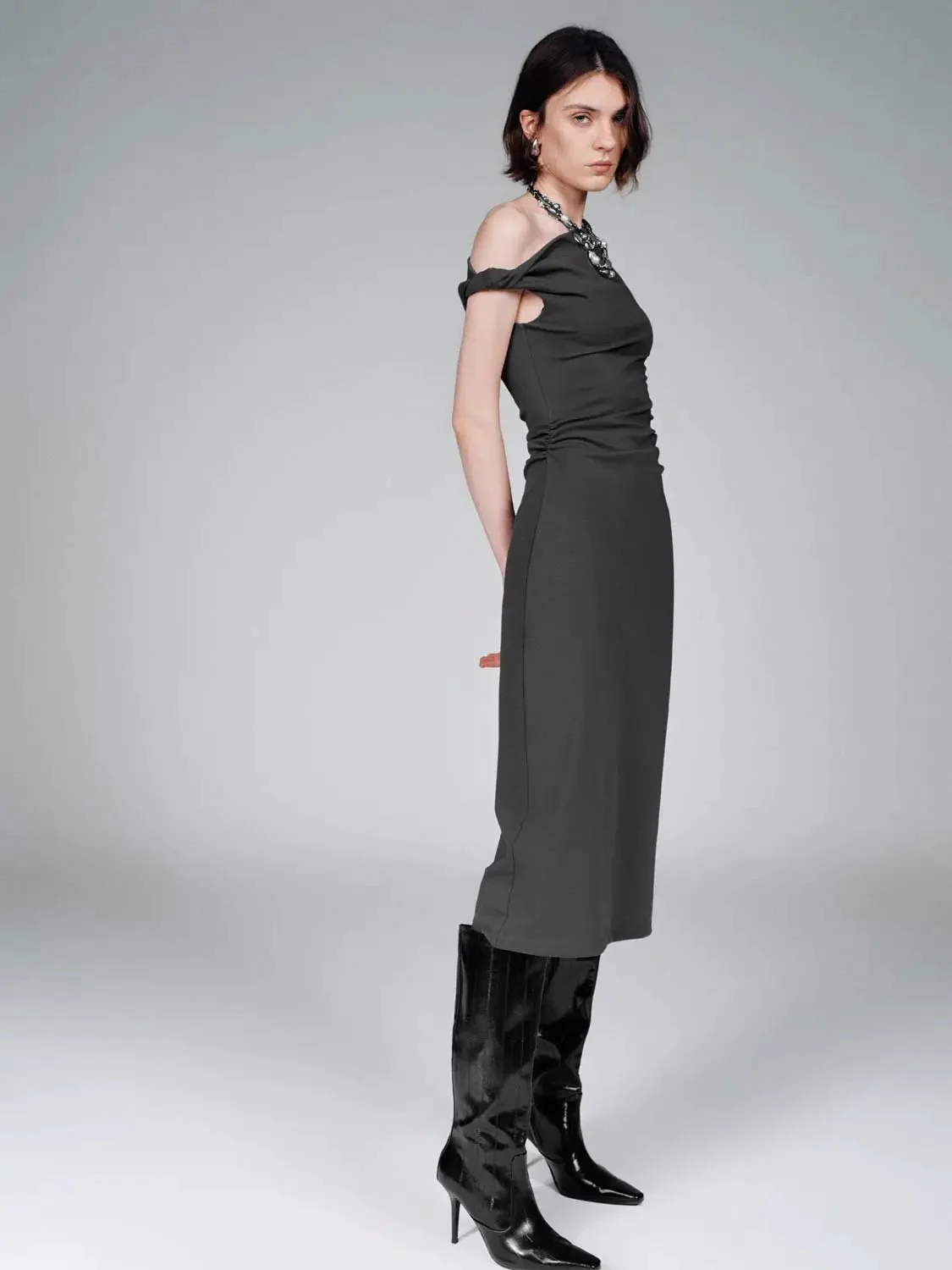 12602-one-shoulder-ruched-a-line-cotton-blend-midi-dress-4.webp One Shoulder Ruched A-Line Cotton Blend Midi Dress