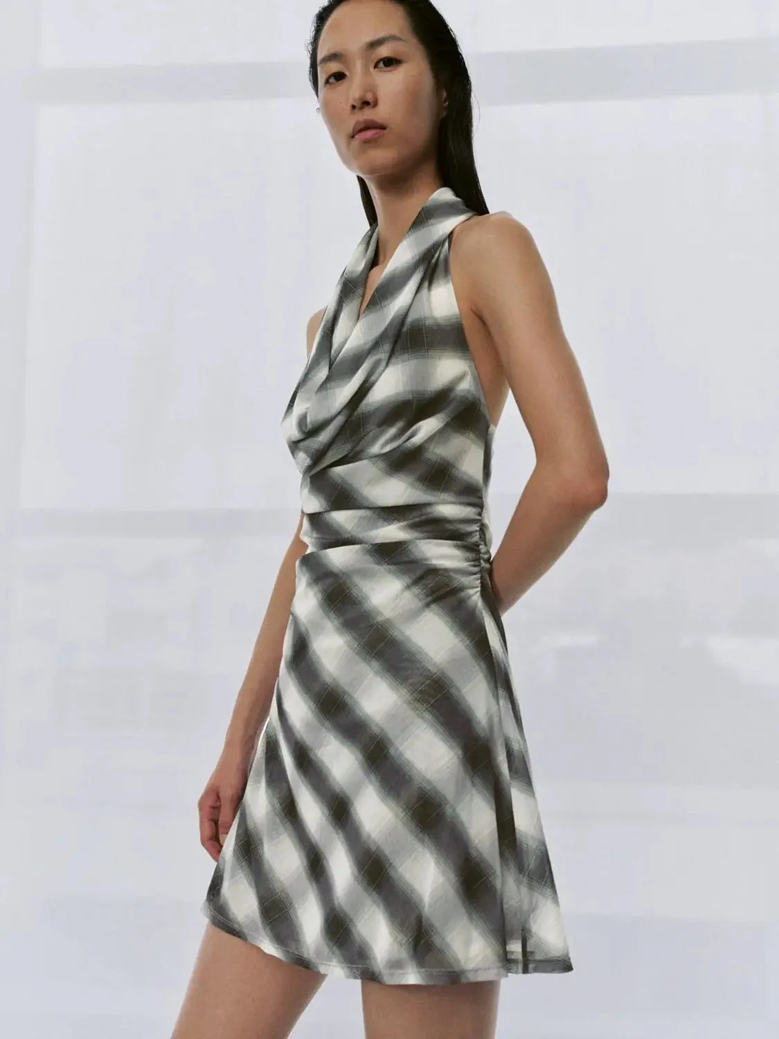 Halter Neck Contrast Check A-Line Midi Dress