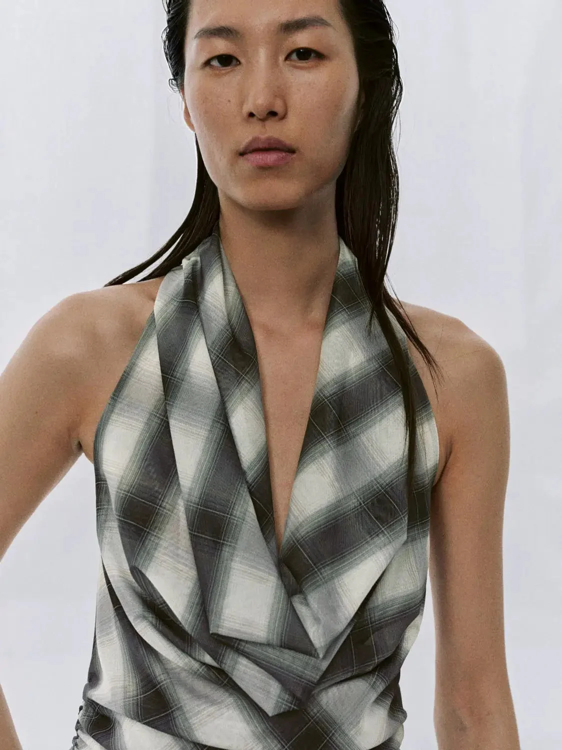 Halter Neck Contrast Check A-Line Midi Dress