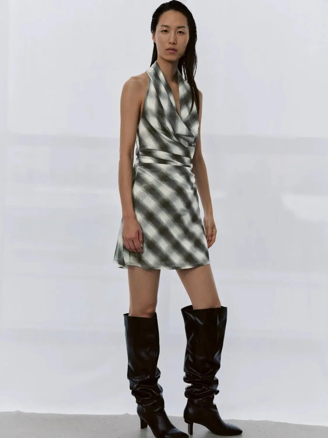 Halter Neck Contrast Check A-Line Midi Dress