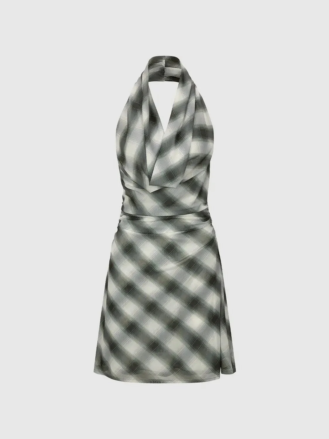 Halter Neck Contrast Check A-Line Midi Dress