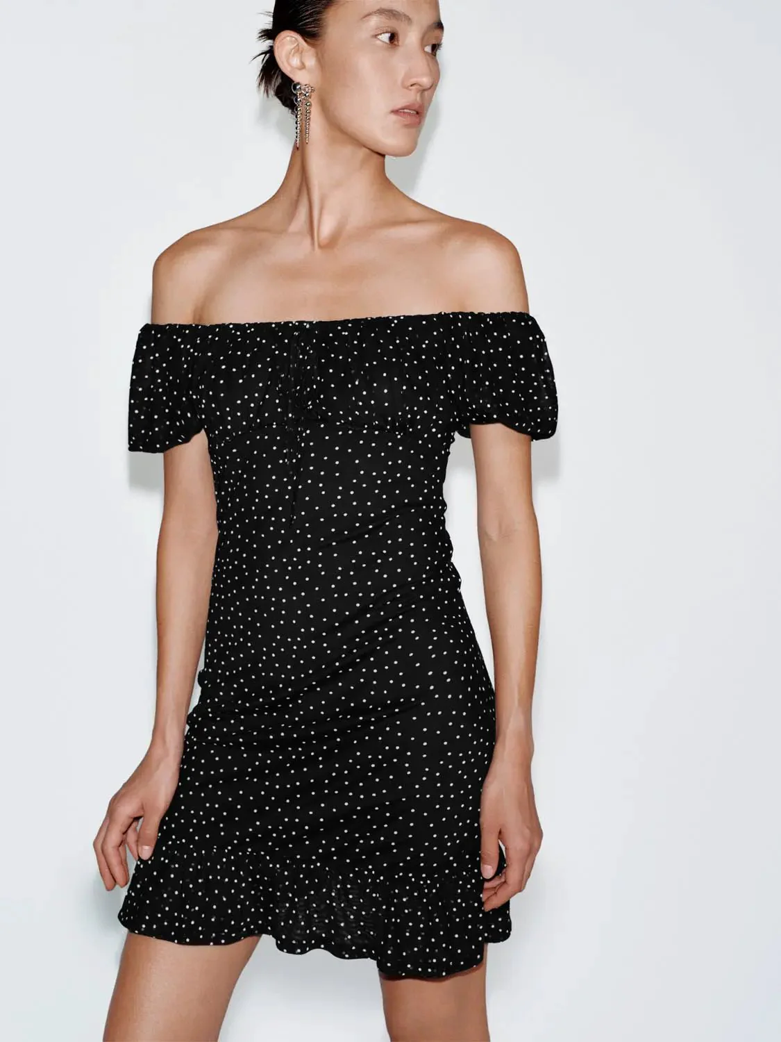 Polka Dot Puff Sleeve Ruffle Hem Midi Dress