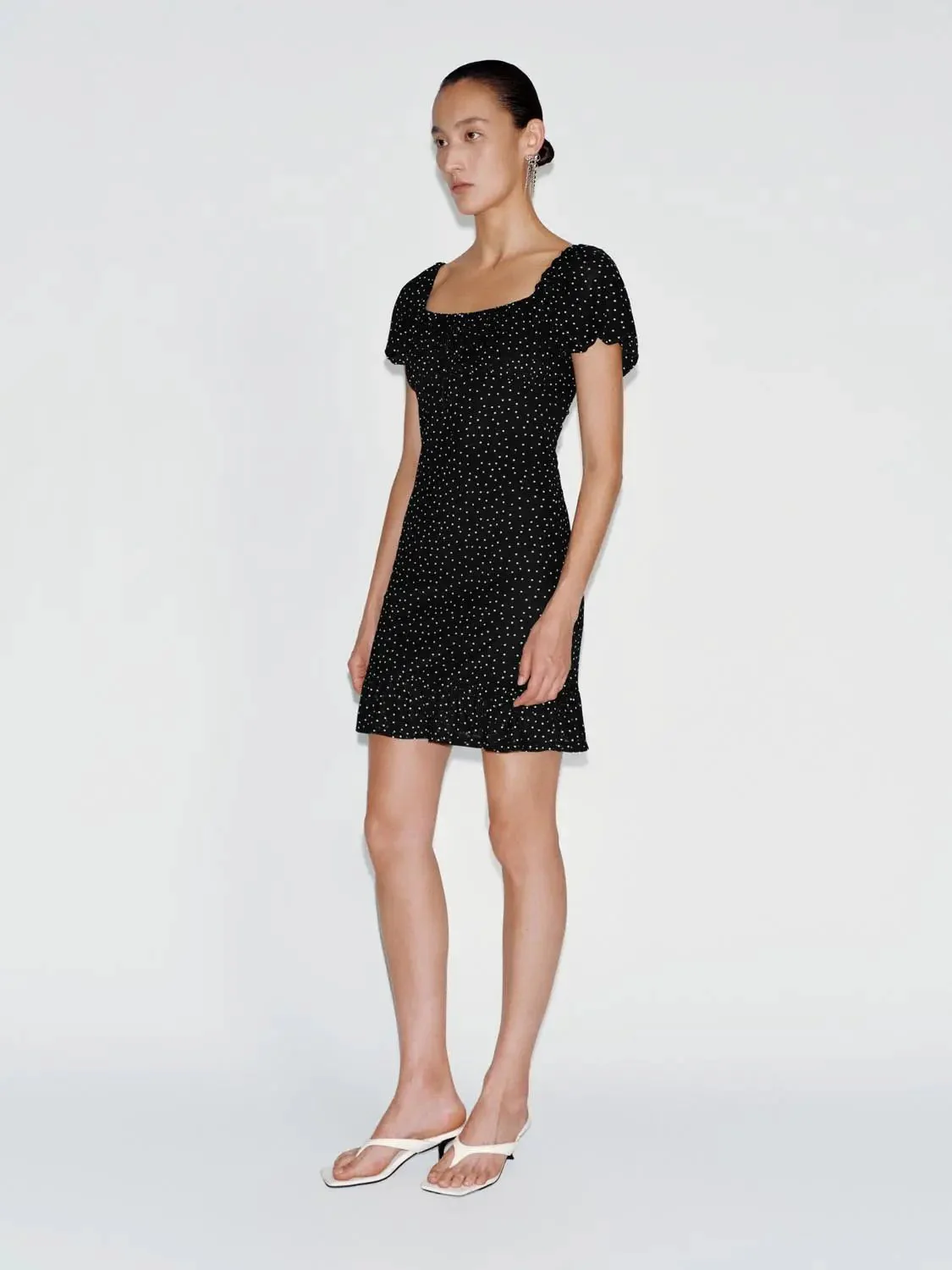 Polka Dot Puff Sleeve Ruffle Hem Midi Dress