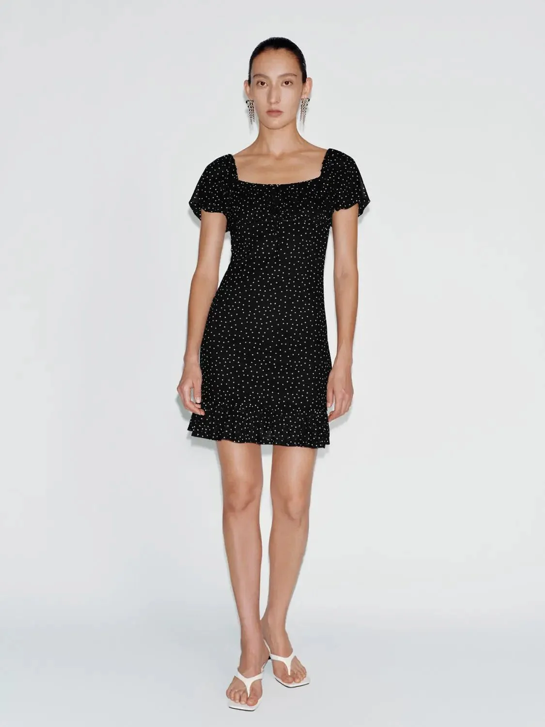 Polka Dot Puff Sleeve Ruffle Hem Midi Dress