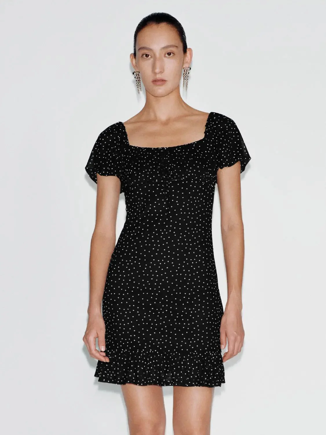 Polka Dot Puff Sleeve Ruffle Hem Midi Dress