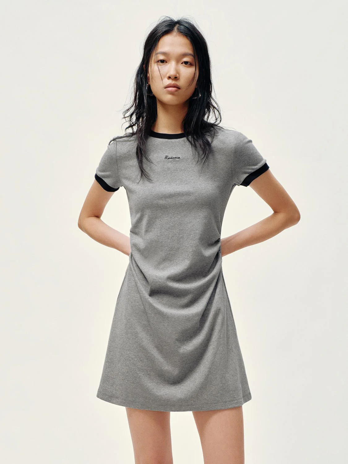 Cotton Blend Contrast Trim Nipped Waist A-Line Midi Dress