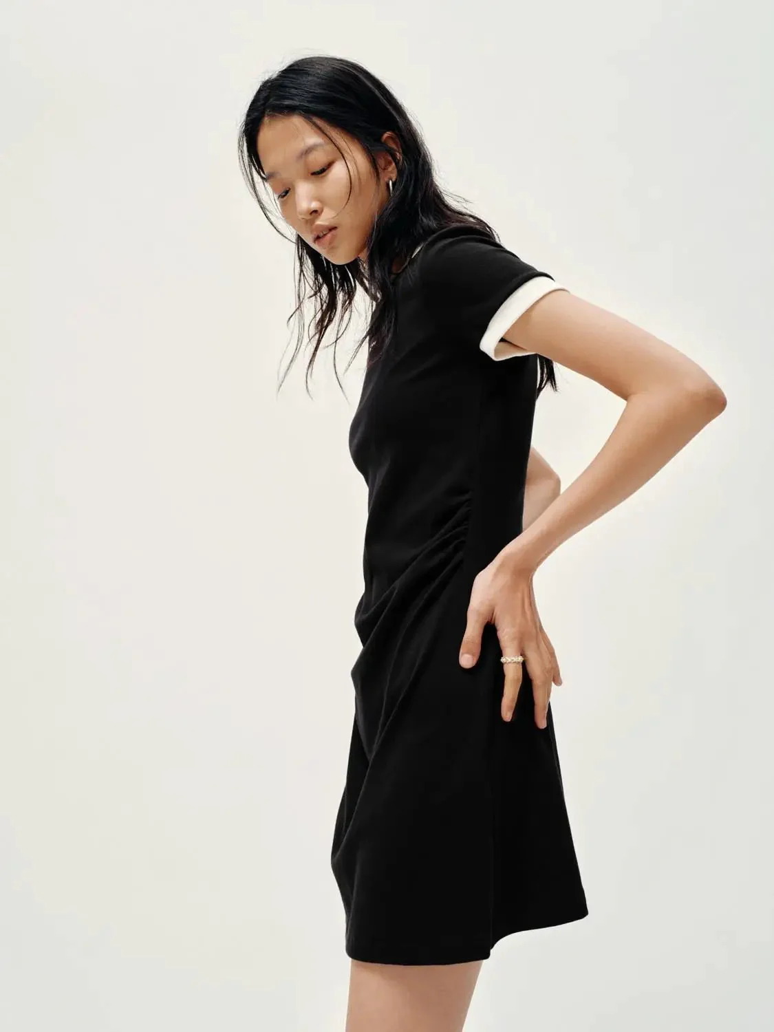 Cotton Blend Contrast Trim Nipped Waist A-Line Midi Dress