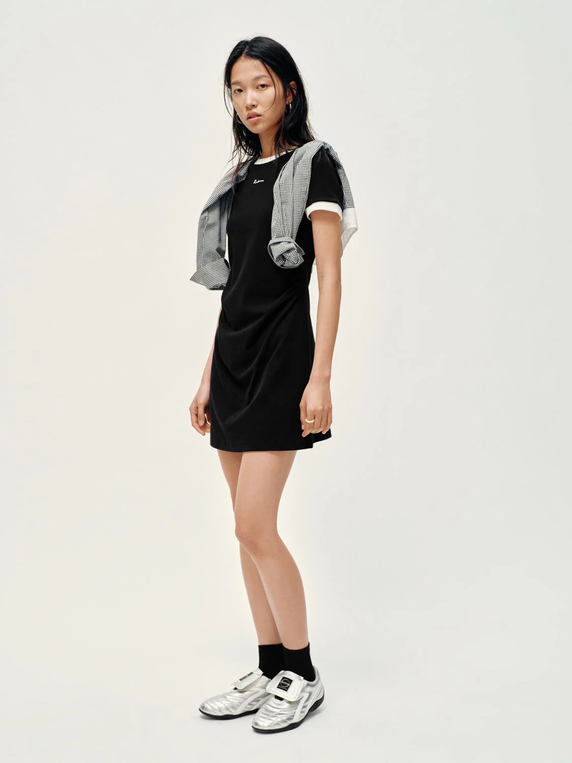 Cotton Blend Contrast Trim Nipped Waist A-Line Midi Dress