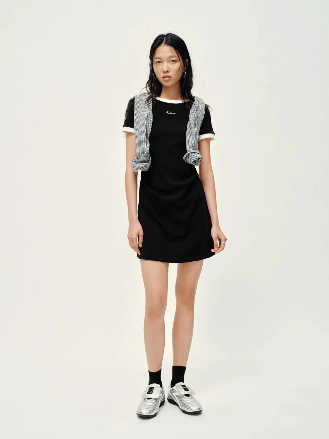 Cotton Blend Contrast Trim Nipped Waist A-Line Midi Dress