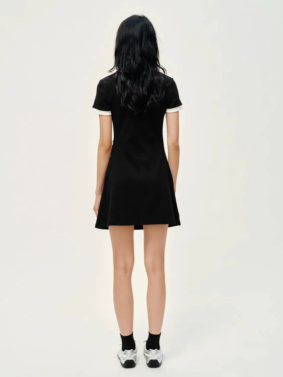 Cotton Blend Contrast Trim Nipped Waist A-Line Midi Dress