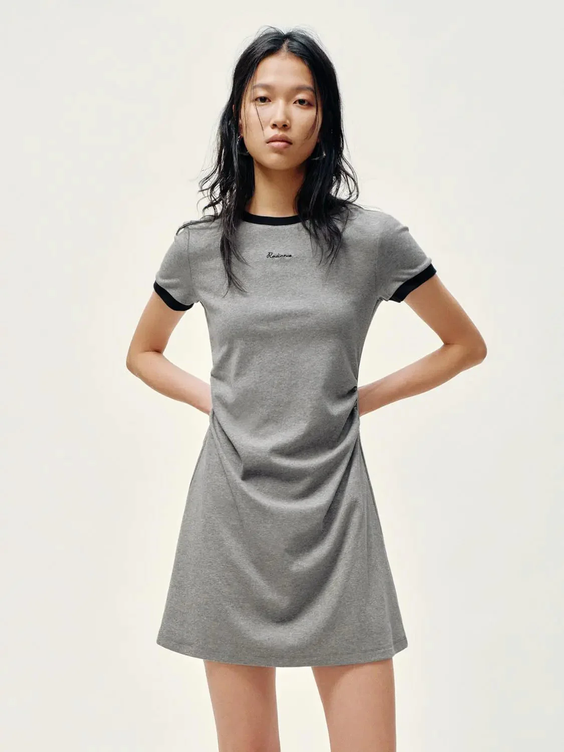 Cotton Blend Contrast Trim Nipped Waist A-Line Midi Dress