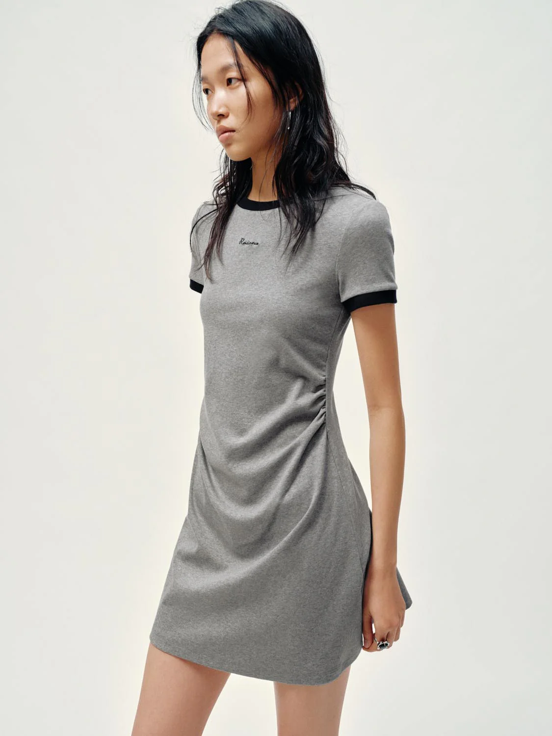 Cotton Blend Contrast Trim Nipped Waist A-Line Midi Dress