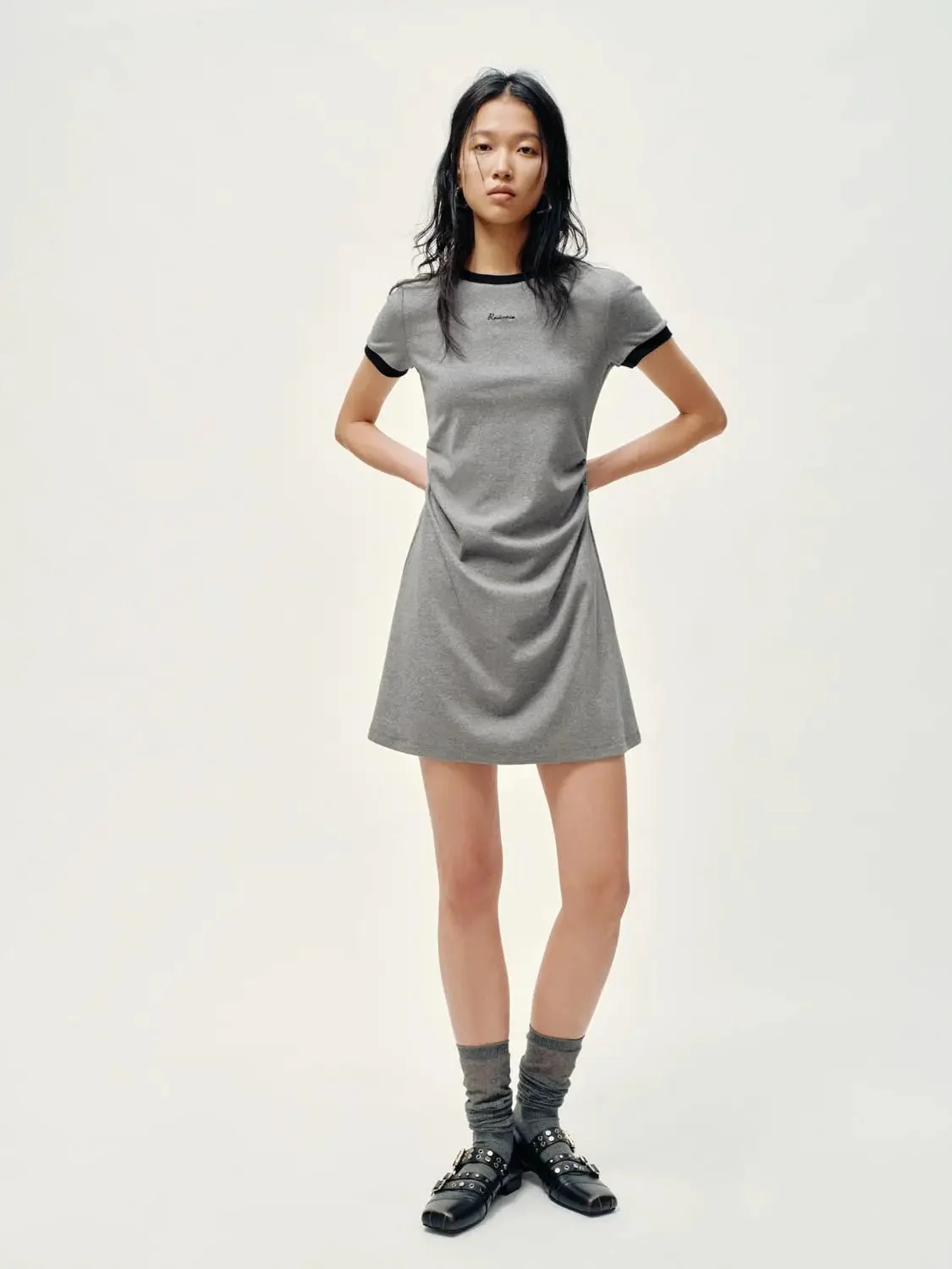 Cotton Blend Contrast Trim Nipped Waist A-Line Midi Dress