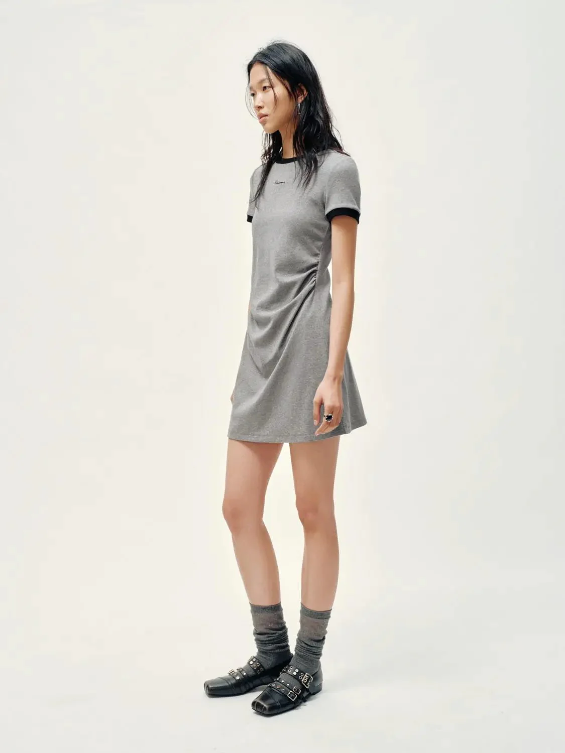 Cotton Blend Contrast Trim Nipped Waist A-Line Midi Dress