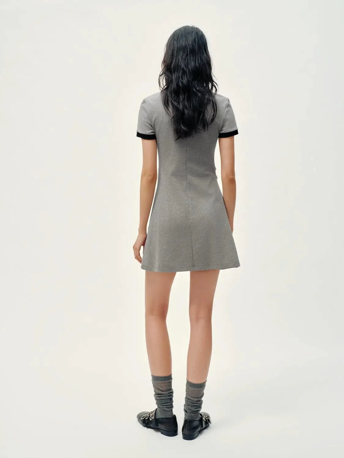 Cotton Blend Contrast Trim Nipped Waist A-Line Midi Dress