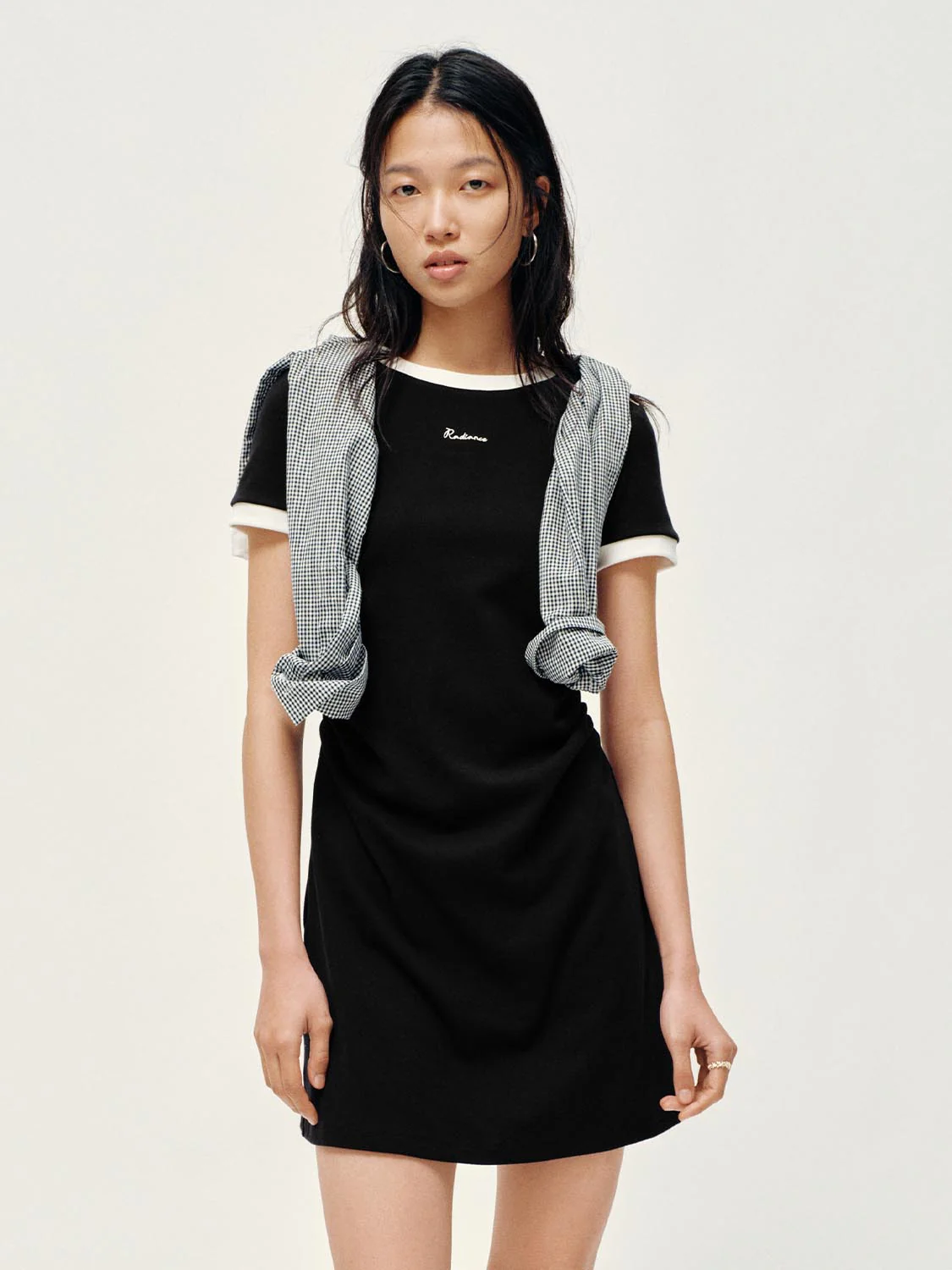 Cotton Blend Contrast Trim Nipped Waist A-Line Midi Dress