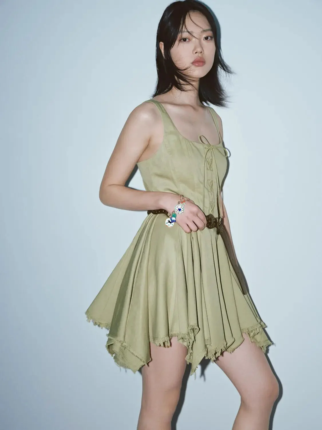 Cotton Lyocell Tie Detail Strappy A Line Midi Dresses