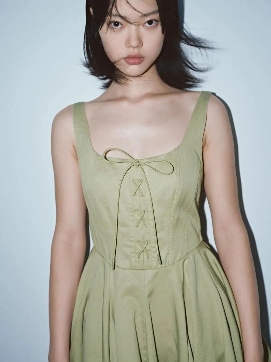 Cotton Lyocell Tie Detail Strappy A Line Midi Dresses