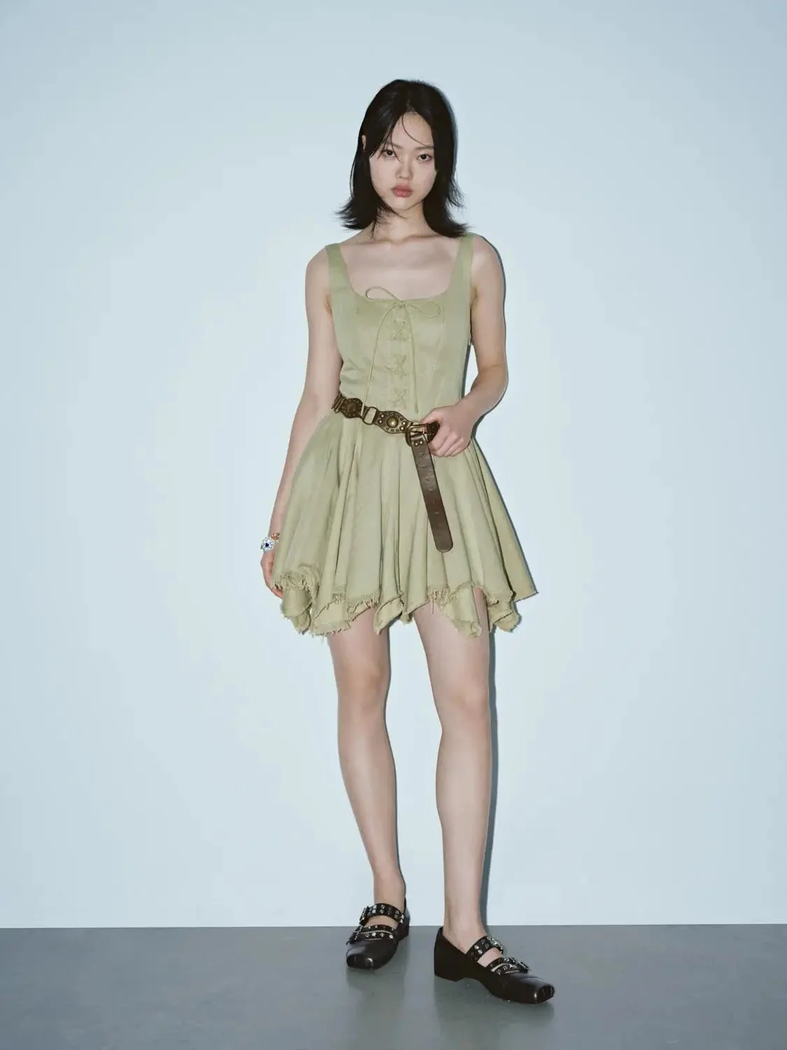 Cotton Lyocell Tie Detail Strappy A Line Midi Dresses