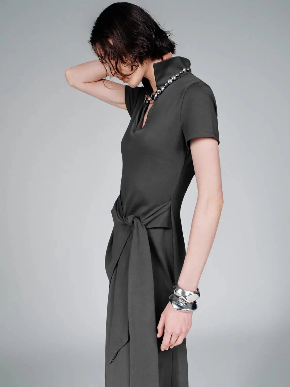 12732-cotton-blend-polo-neck-aline-with-tie-waist-midi-dresses-2.webp Cotton Blend Polo Neck Aline With Tie Waist Midi Dresses