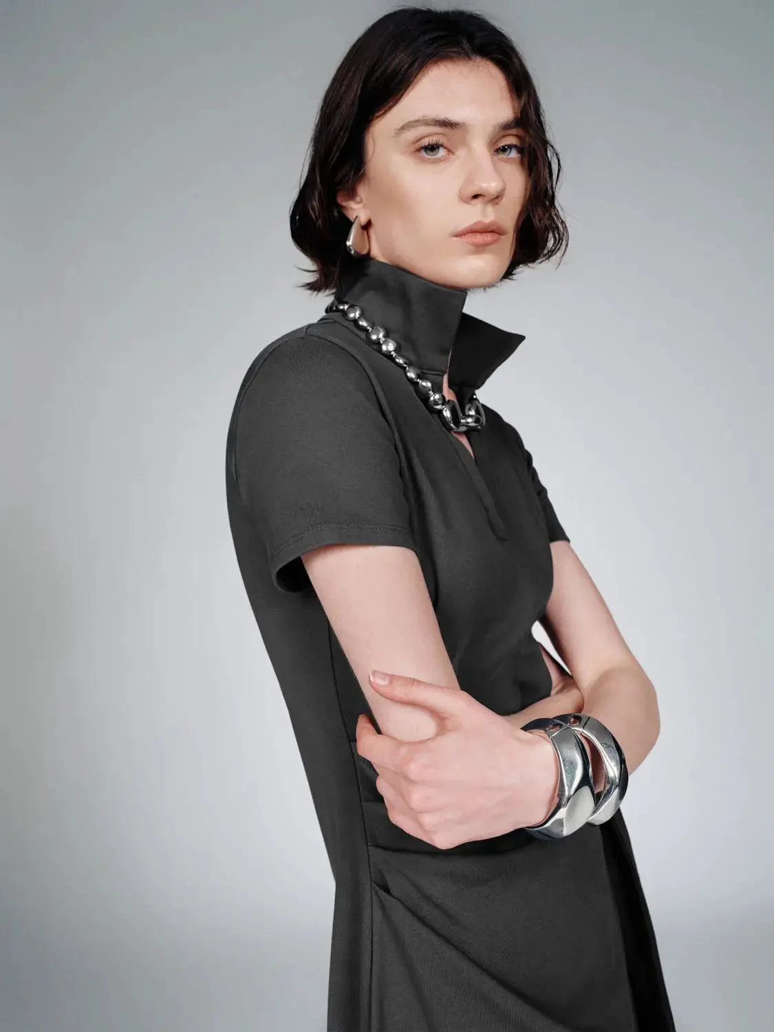 12732-cotton-blend-polo-neck-aline-with-tie-waist-midi-dresses-3.webp Cotton Blend Polo Neck Aline With Tie Waist Midi Dresses